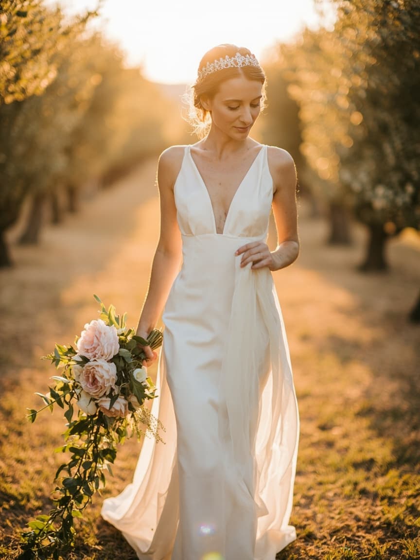 Bridal portrait in olive grove