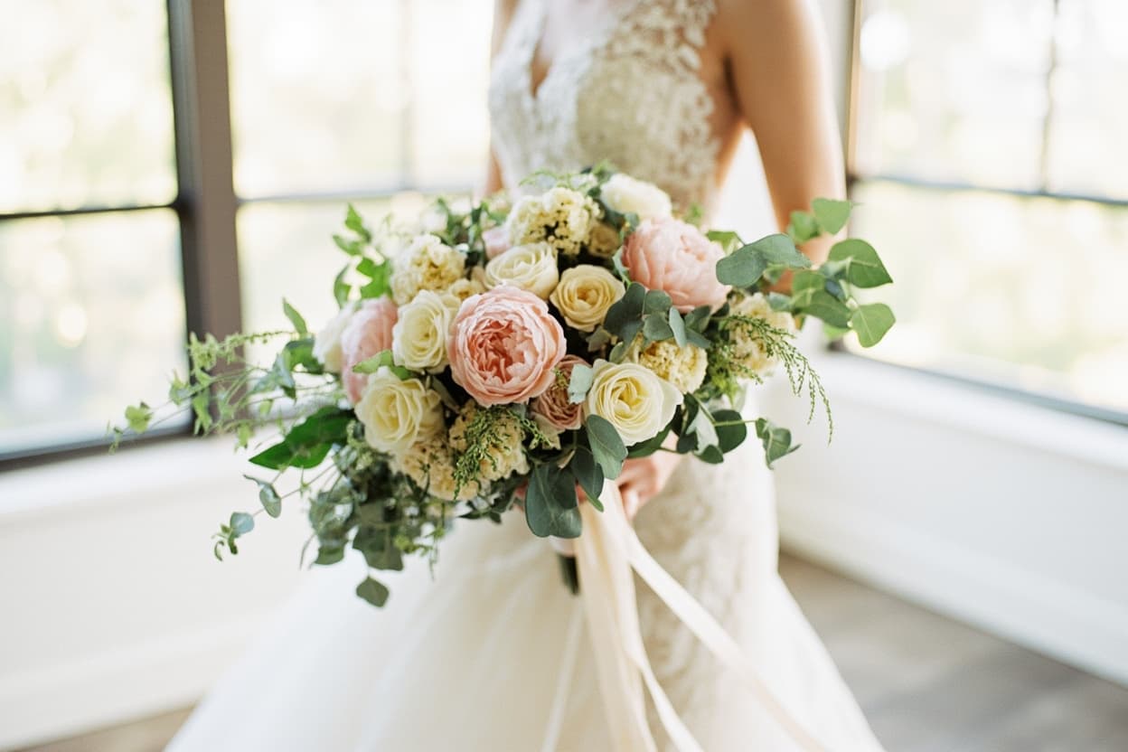 Bridal bouquet of blush peonies and garden roses